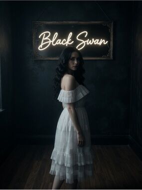 Black Swan White Ruffled Midi Dress with Spaghetti Straps